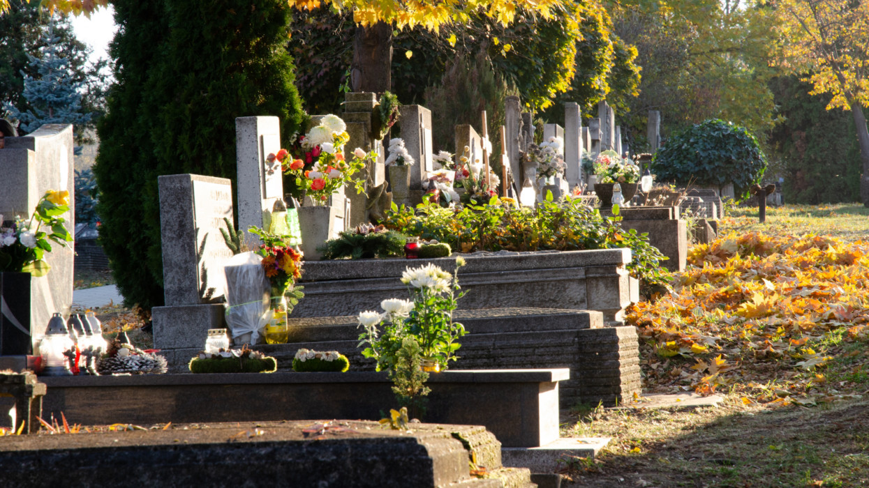 View of graves in a cemetery in Hungary.